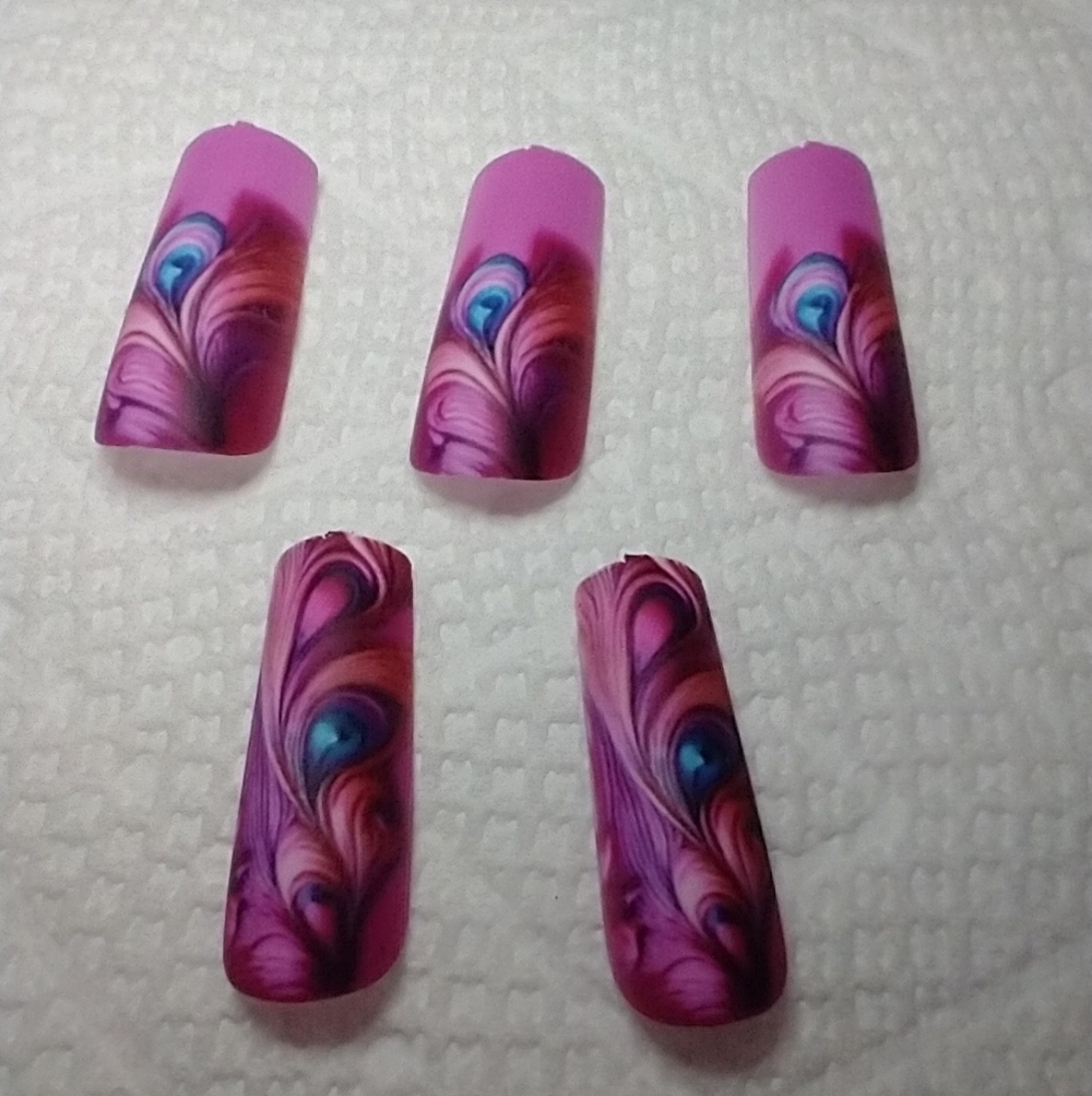 Press on nails peacock feather purple blue nail set colorful